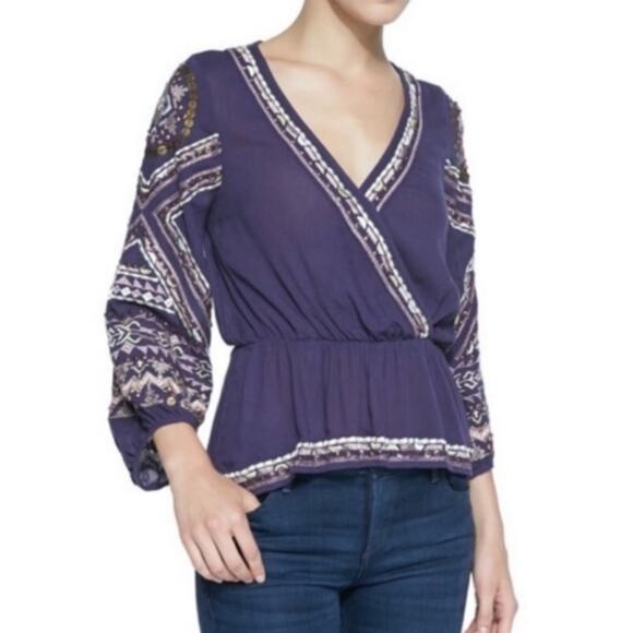 Free People Sequins Blouse Women Sz S Purple  Embroidered Long Puff Sleeves Boho - Picture 7 of 15
